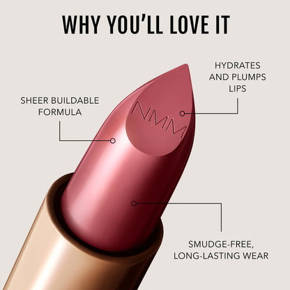 No Makeup Makeup – Plum 01 Creme Classic Lipstick with features highlighted, natural minimal makeup