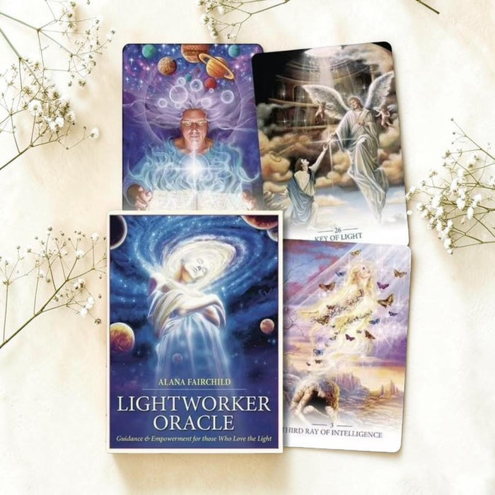 Lightworker Oracle cards by Alana Fairchild on a light background with decorative elements.
