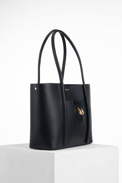 Side view of Lilibet Black Laptop Tote showing Cannon Street clasp detail on the front and two shoulder straps