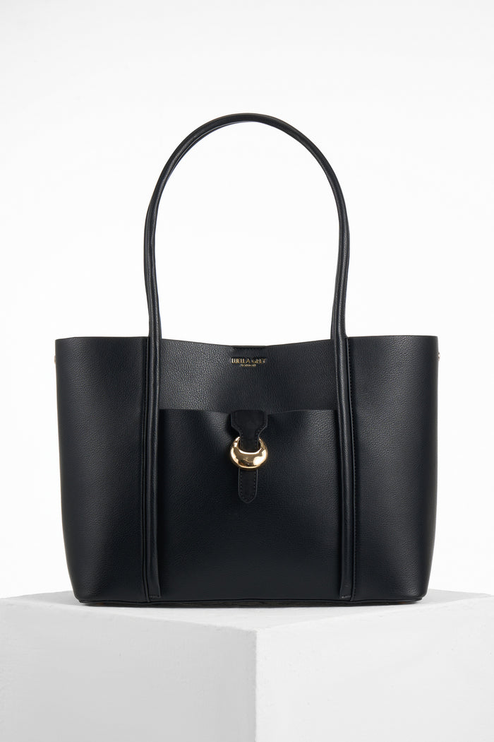 Front of Lilibet Black faux leather Laptop Tote showing molten metal Cannon Street Clasp closure on front slip-in pocket