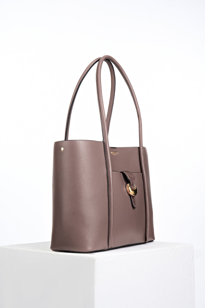 Side view of Lilibet Fawn Laptop Tote showing Cannon Street clasp detail on the front and two shoulder straps