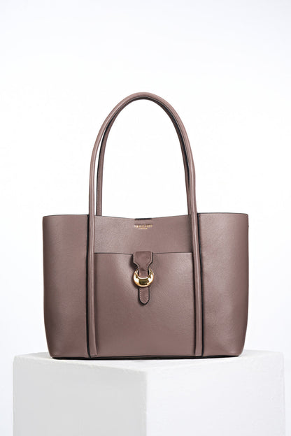 Front of Lilibet Fawn faux leather Laptop Tote showing molten metal Cannon Street Clasp closure on front slip-in pocket