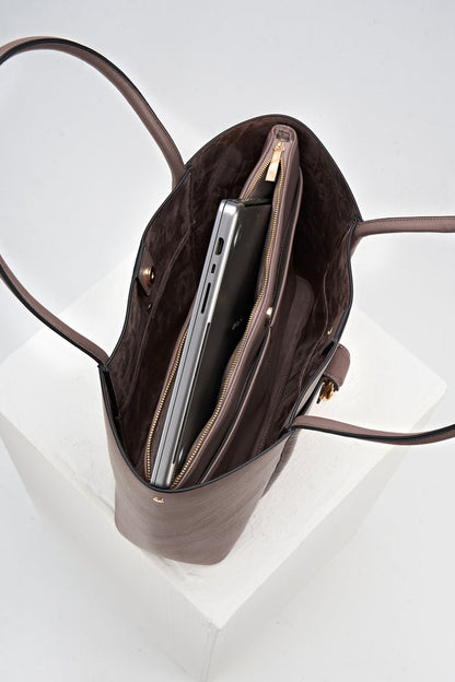 Overhead view of Lilibet Fawn faux leather Laptop Tote showing the detachable top zip laptop pocket and faux suede lining