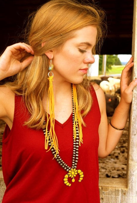Long Fringe Genuine Deerskin Leather w real turquoise stone Earrings
