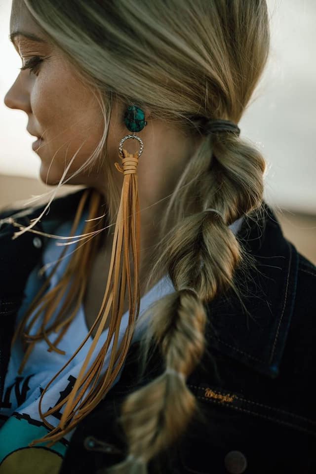 Long Fringe Genuine Deerskin Leather w real turquoise stone Earrings