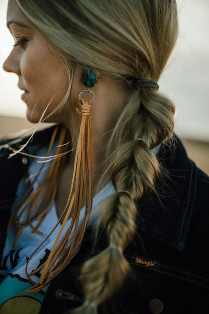 Long Fringe Genuine Deerskin Leather w real turquoise stone Earrings