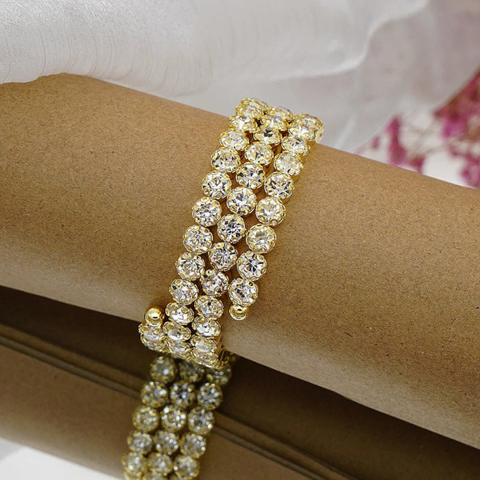 Luxury Gold Multi-Row Crystal Wide Sparkling Rhinestone Cuff Statement Evening Jewelry Bracelet