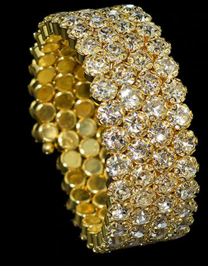 Luxury Gold Multi-Row Crystal Wide Sparkling Rhinestone Cuff Statement Evening Jewelry Bracelet