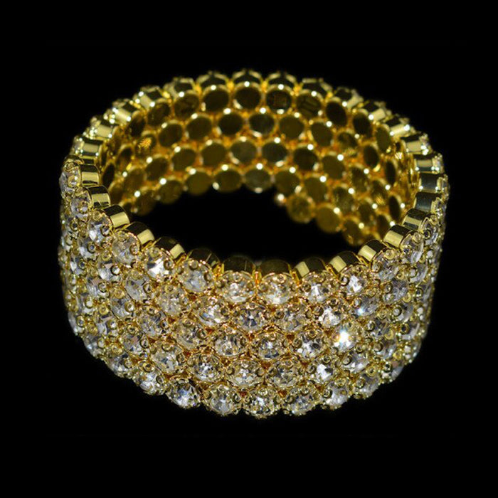 Luxury Gold Multi-Row Crystal Wide Sparkling Rhinestone Cuff Statement Evening Jewelry Bracelet