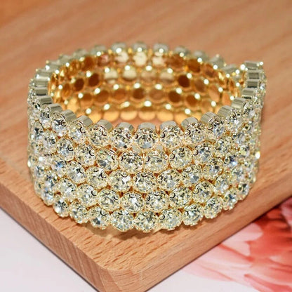 Luxury Gold Multi-Row Crystal Wide Sparkling Rhinestone Cuff Statement Evening Jewelry Bracelet