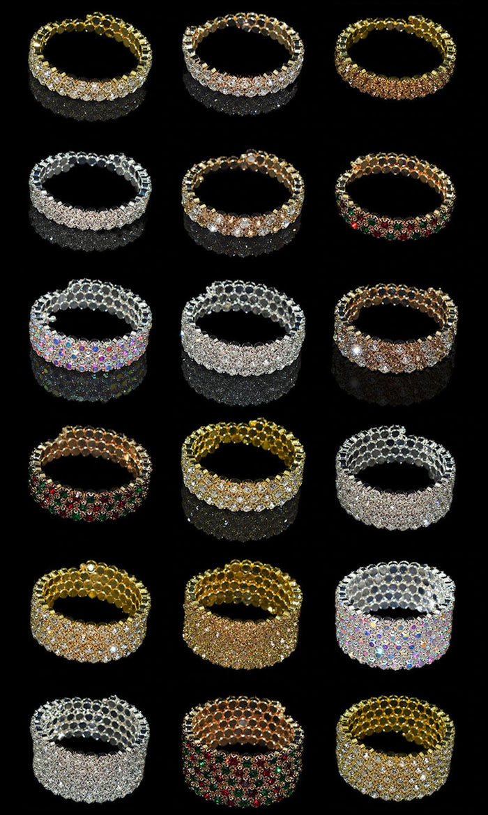 Luxury Gold Multi-Row Crystal Wide Sparkling Rhinestone Cuff Statement Evening Jewelry Bracelet