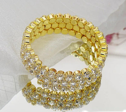 Luxury Gold Multi-Row Crystal Wide Sparkling Rhinestone Cuff Statement Evening Jewelry Bracelet