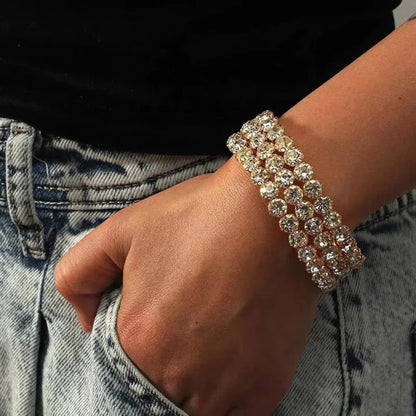 Luxury Gold Multi-Row Crystal Wide Sparkling Rhinestone Cuff Statement Evening Jewelry Bracelet