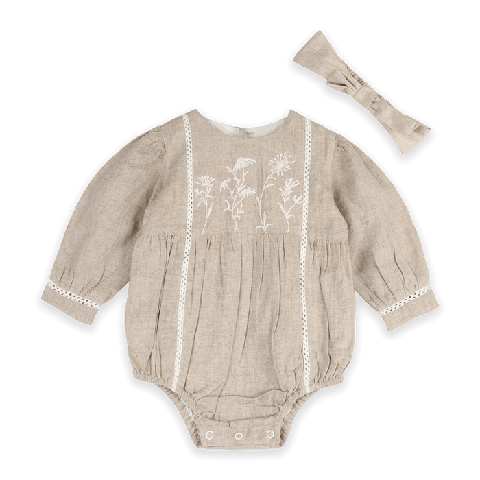Lydia Embroidered Floral Baby Romper & Headband Set (Organic cotton) - Outfit
