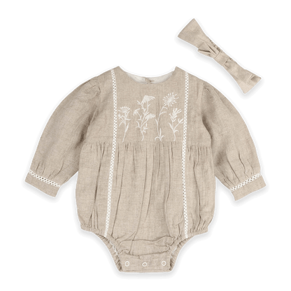 Lydia Embroidered Floral Baby Romper & Headband Set (Organic cotton) - Outfit