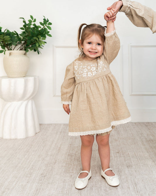 Viverano Lydia Linen Embroidered Baby Dress & Bloomer Set (Organic Cotton) - Front
