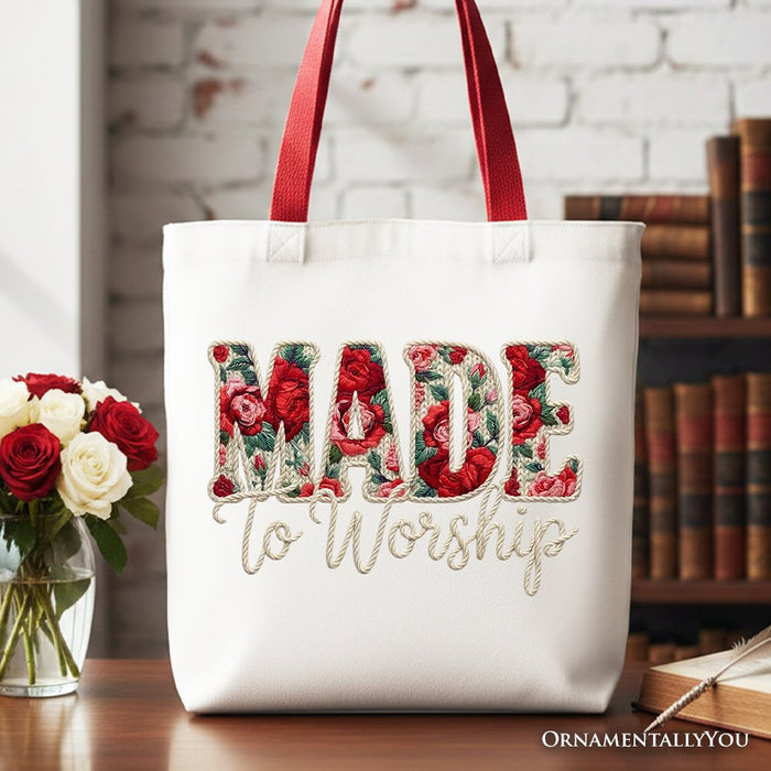 Made to Worship Printed Faux Yarn Crochet Christian Tote Bag, Floral Retro Faith Gift Shopper Tote Bag OrnamentallyYou Red Handle