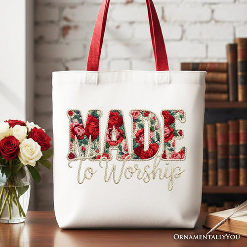 Made to Worship Printed Faux Yarn Crochet Christian Tote Bag, Floral Retro Faith Gift Shopper Tote Bag OrnamentallyYou Red Handle