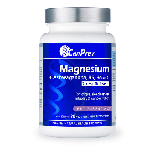 Bottle of CanPrev Magnesium Stress Release + Ashwagandha, B5, B6 & C 90 Vegetable Capsules