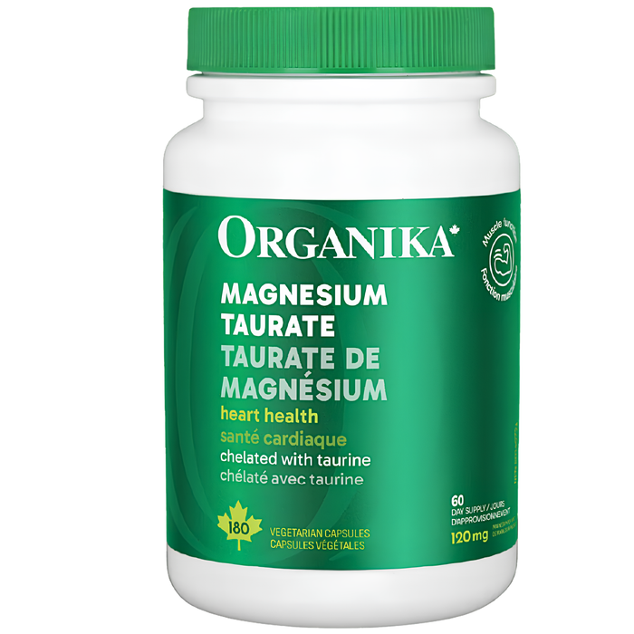 Bottle of Organika Magnesium Taurate 180 Vegetable Capsules