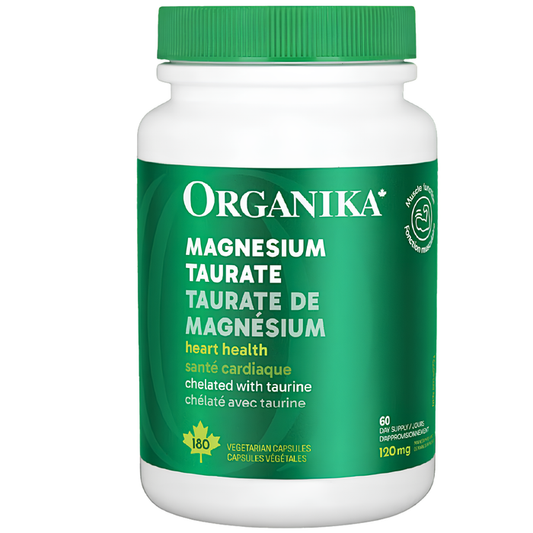 Bottle of Organika Magnesium Taurate 180 Vegetable Capsules