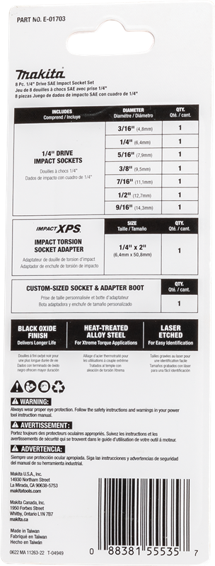 Makita Impact Socket Set 8PC. 1/4" Drive
