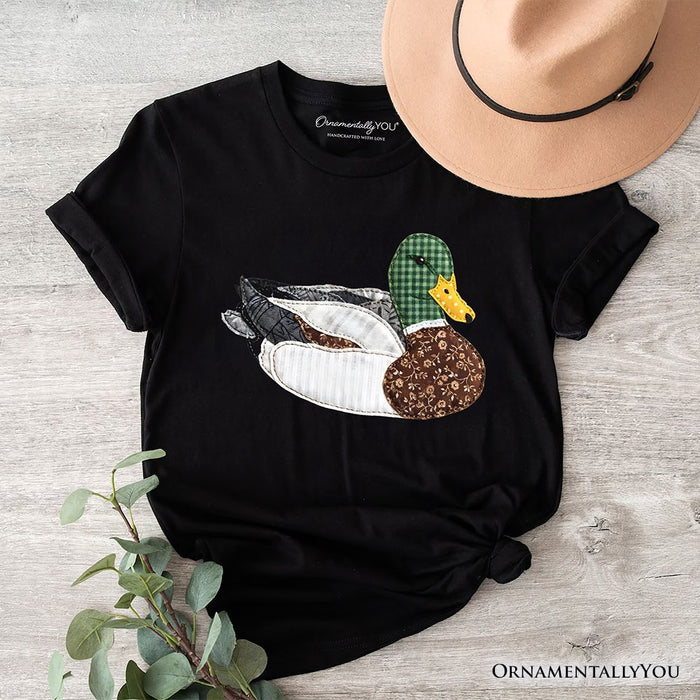 Mallard Duck Printed Faux Patchwork T-Shirt, Hunting Outdoors Tee T-Shirts OrnamentallyYou Black XS