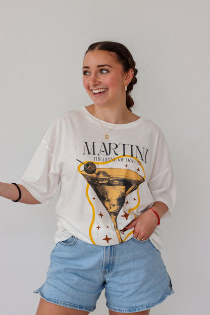 girl wearing martini graphic tee