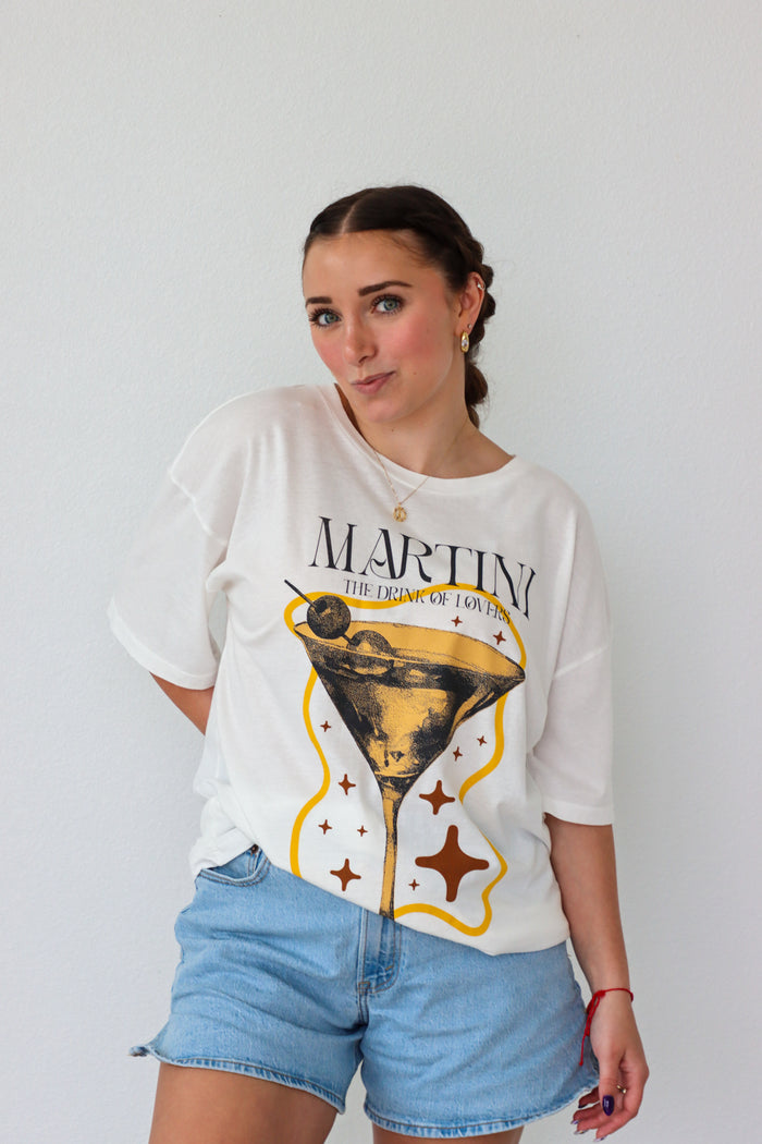 girl wearing martini graphic tee