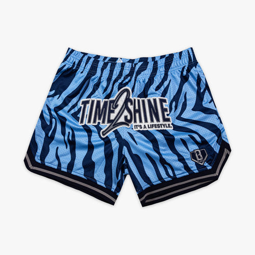 Blue and black patterned shorts with 'Time 2 Shine' logo on a white background
