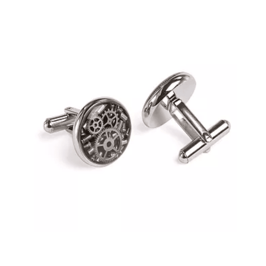 Mechanical Watch Silver Stainless Steel Cufflinks with Carbon Fiber Background and Suspended Gears