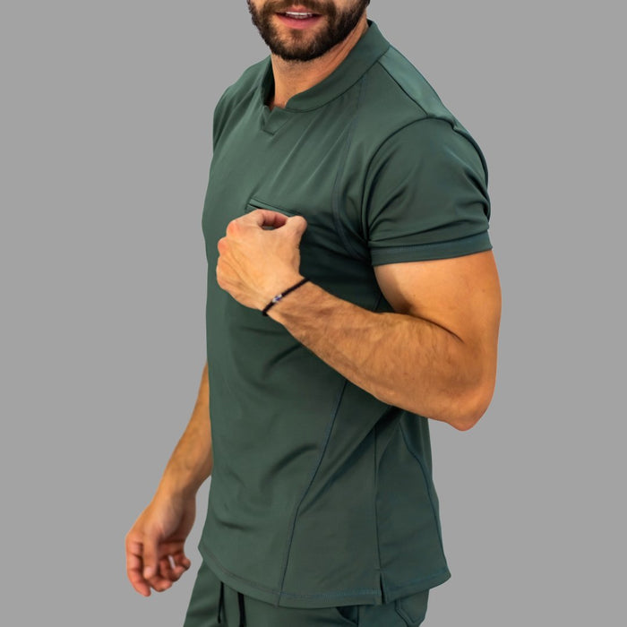 Side view of men's olive green super stretch scrub top