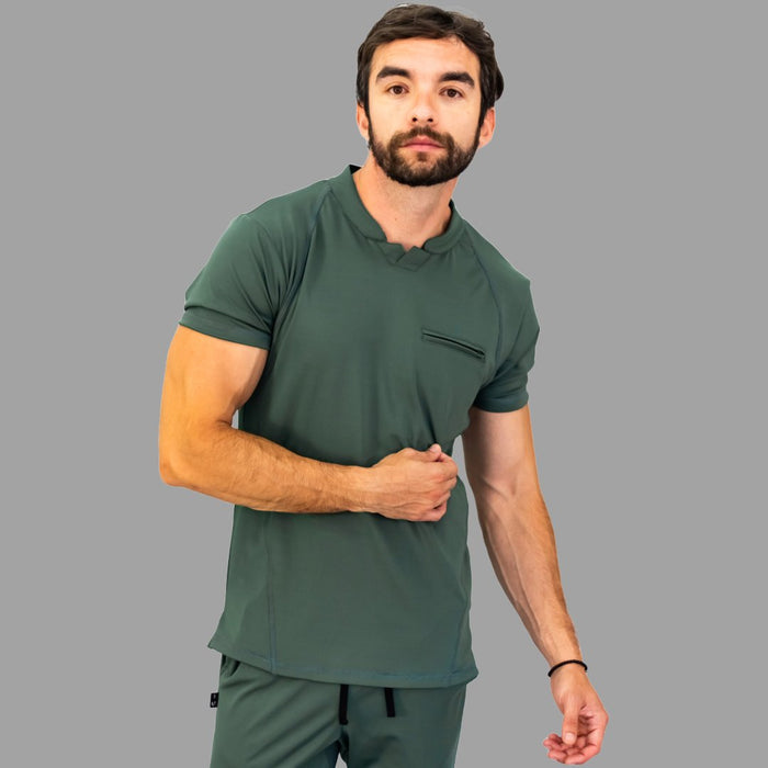 Men's olive green scrub top athletic fit three quarter view