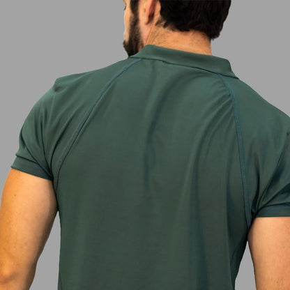 Close up back view of men's olive green scrub top seams