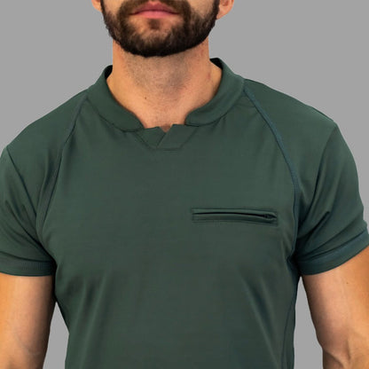 Men's olive green scrub top neckline and zipper chest pocket