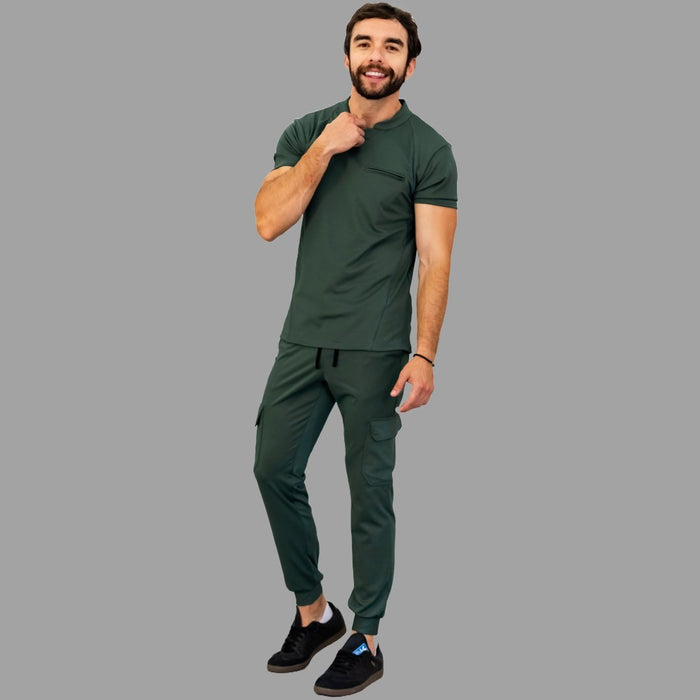 Men's olive green scrub uniform with 910 super stretch top