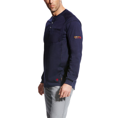 Men's Ariat FR long sleeve work shirt in Navy. Side view showing Ariat FR logo on sleeve and a small Ariat shield logo on bottom left.