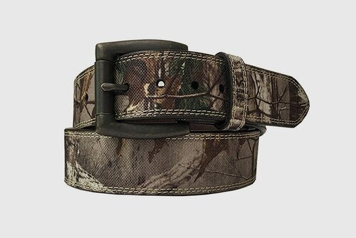 A Realtree Xtra Canvas Camo Belt with a genuine leather backing, featuring a roller buckle in a dark old English brass finish and contrast double stitched edges.