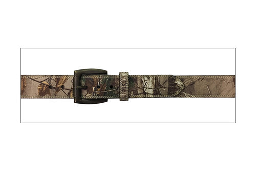 A flat view of a Realtree Xtra Canvas Camo Belt with a genuine leather backing, featuring a roller buckle in a dark old English brass finish and contrast double stitched edges.