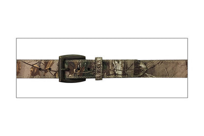A flat view of a Realtree Xtra Canvas Camo Belt with a genuine leather backing, featuring a roller buckle in a dark old English brass finish and contrast double stitched edges.