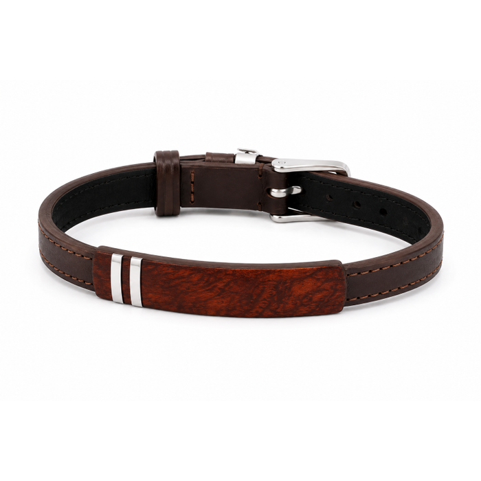 Men's Brown Leather Bracelet with Bubinga Wood and Steel inlay