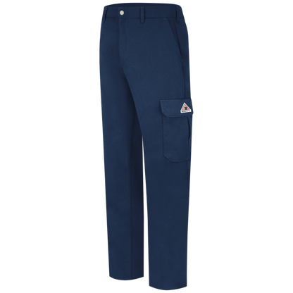 Navy FR Bulwark cargo pants. Side view showing cargo pocket on leg.