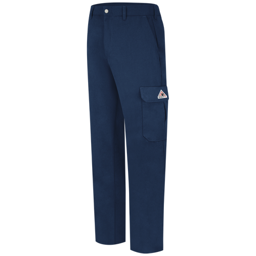 Navy FR Bulwark cargo pants. Side view showing cargo pocket on leg.