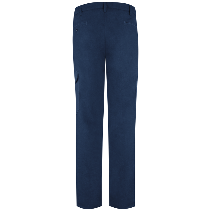 Navy FR Bulwark cargo pants. Rear view showing back pockets.