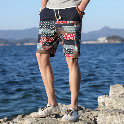 Men’s Cotton-Linen Loose Beach Pants – Five-Point Design