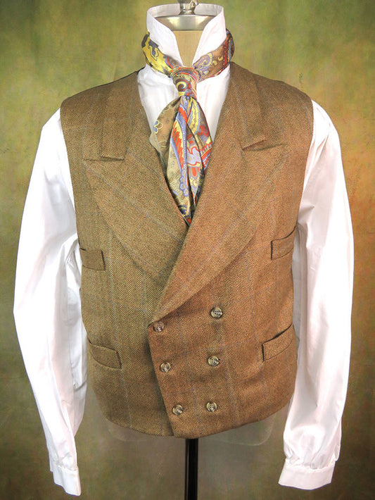 Men's Double Breasted Vest - Dark Tan Herringbone with Blue Accent #564-B