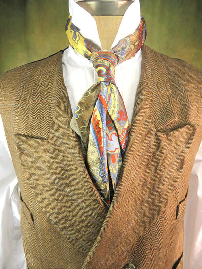 Men's Double Breasted Vest - Dark Tan Herringbone with Blue Accent #564-B