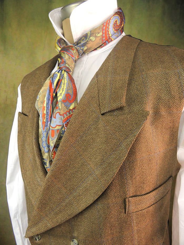Men's Double Breasted Vest - Dark Tan Herringbone with Blue Accent #564-B