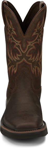 A front view of a pair of Justin Men's Driller Brown Square Toe Work Boots with a decorative stitch pattern in Yellow and Orange on the shaft.