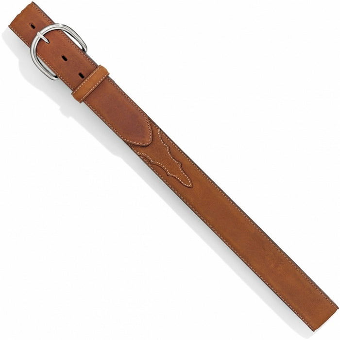 A Men's Justin brand brown full-grain leather western belt with a brass finish buckle and silver accent stitching.
